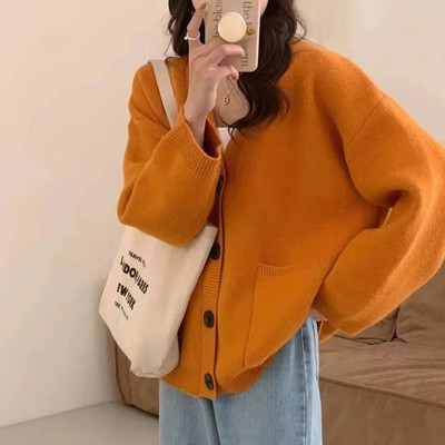 Μόδα Lazy πλεκτή ζακέτα με λαιμόκοψη V Κορεάτικο φθινοπωρινό απαλό στυλ, απαλό κολλώδες, μονόχρωμο πουλόβερ για γυναίκες