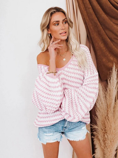 Γυναικείο πουλόβερ με μανίκια με φανάρι με ριγέ ριγέ, φαρδιά, πλεκτά Boho, μπλουζάκια μόδας φθινοπωρινό χειμωνιάτικο πουλόβερ για γυναίκες