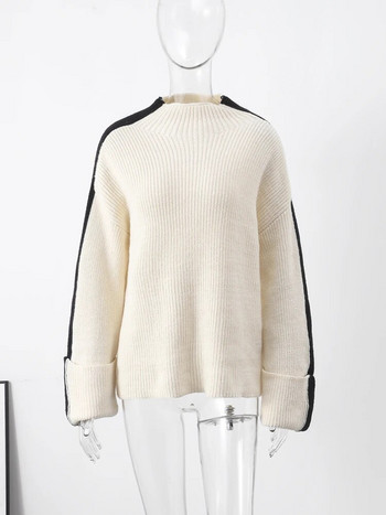 Пуловер с плетени пуловери с договорни райета Дамски свободни пуловери с висока яка с дълъг ръкав Дамски есенно-зимни ежедневни дебели трикотажни дрехи