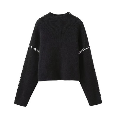 Sutartinės juostelės megztas megztinis, moteriškas megztinis, palaidas ilgomis rankovėmis, megztiniai su kaklu, moteriškas rudens žiemos laisvalaikio storas trikotažas