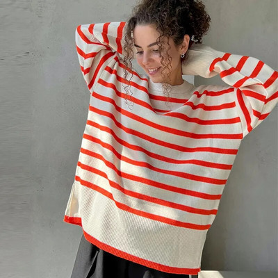 Sutartinės juostelės megztas megztinis, moteriškas megztinis, palaidas ilgomis rankovėmis, megztiniai su kaklu, moteriškas rudens žiemos laisvalaikio storas trikotažas