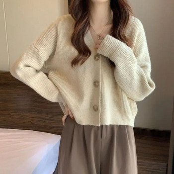 Дамско облекло 2023 Пролет Есен Ново пристигане Корейска мода V-образно деколте Свободна плетена жилетка в мързелив стил Пуловер с дълъг ръкав