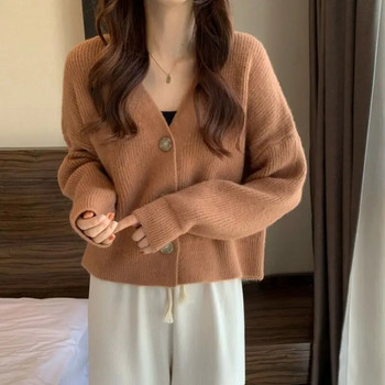 Γυναικεία ρούχα 2023 Άνοιξη Φθινόπωρο Νέα άφιξη Κορεάτικη μόδα με λαιμόκοψη V, χαλαρό τεμπέλικο στυλ Πλεκτή ζακέτα με μακρυμάνικο πουλόβερ