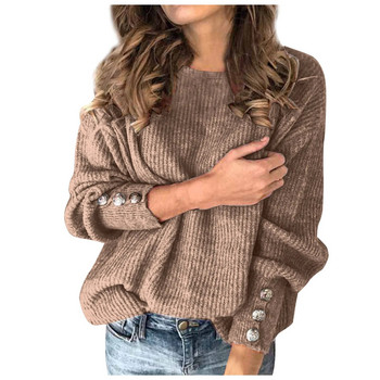 Дамски пуловери с висока яка Есен Зима Елегантни плътни плетени пуловери с висока яка с копчета с дълъг ръкав Свободни трикотажни пуловери