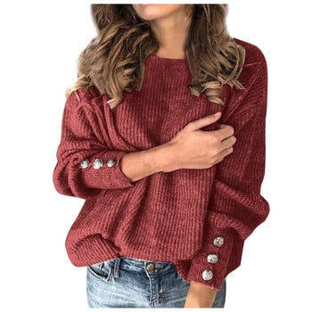 Дамски пуловери с висока яка Есен Зима Елегантни плътни плетени пуловери с висока яка с копчета с дълъг ръкав Свободни трикотажни пуловери