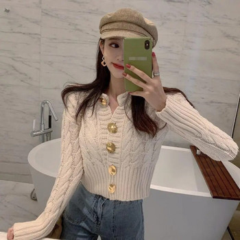 Винтидж ароматна къса плетена жилетка 2023 Пролет Есен Нова корейска мода Секси едноцветен тънък пуловер за жени