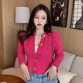Винтидж ароматна къса плетена жилетка 2023 Пролет Есен Нова корейска мода Секси едноцветен тънък пуловер за жени