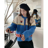 Moterų 2023 m. pavasario rudens naujojo korėjietiško leidimo unikalus megztas megztinis, retro stiliaus žakardo spalvos megztinis apvaliu kaklu