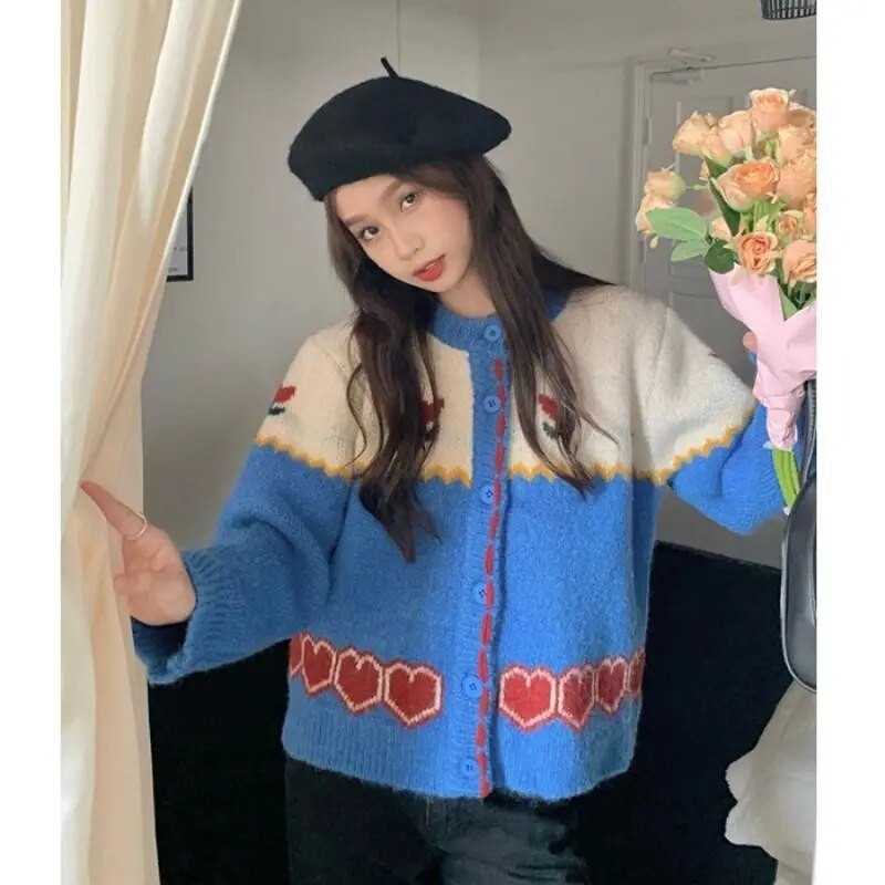 Moterų 2023 m. pavasario rudens naujojo korėjietiško leidimo unikalus megztas megztinis, retro stiliaus žakardo spalvos megztinis apvaliu kaklu