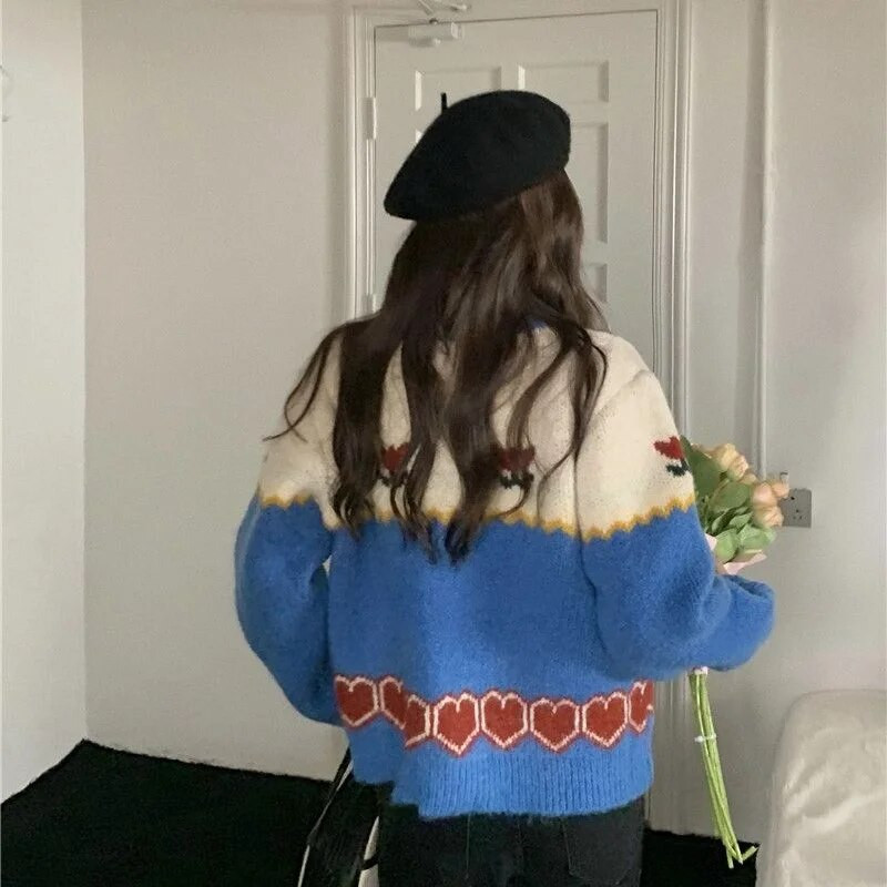 Moterų 2023 m. pavasario rudens naujojo korėjietiško leidimo unikalus megztas megztinis, retro stiliaus žakardo spalvos megztinis apvaliu kaklu