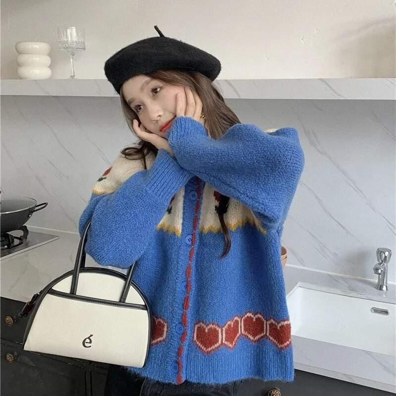 Moterų 2023 m. pavasario rudens naujojo korėjietiško leidimo unikalus megztas megztinis, retro stiliaus žakardo spalvos megztinis apvaliu kaklu