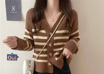 Pavasario ruduo, naujas vintažinis laisvalaikio universalus dryžuotas megztinis su viena krūtine Lazy V formos iškirpte plonas megztinis moterims