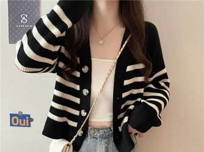 Pavasario ruduo, naujas vintažinis laisvalaikio universalus dryžuotas megztinis su viena krūtine Lazy V formos iškirpte plonas megztinis moterims