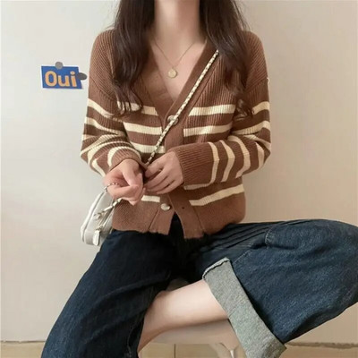 Ανοιξιάτικο φθινόπωρο Νέο vintage casual ευέλικτο ριγέ πλεκτό μονό στήθος Ζακέτα Lazy V-neck Slim πουλόβερ για γυναίκες