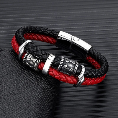 MKENDN Norvēģijas vikingi Tora āmurs Mjolnir Skandināvijas rūnu amulets krelles no nerūsējošā tērauda vīriešu ādas rokassprādze Homme Pulseras