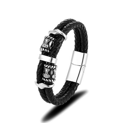 MKENDN Norse Vikings Thor's Hammer Mjolnir Scandinavian Rune Amulet Beads από ανοξείδωτο ατσάλι Ανδρικό δερμάτινο βραχιόλι Homme Pulseras