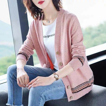 Женско облекло Плетена жилетка 2023 Пролет Есен Нова корейска версия Модно тънко свободно палто с дълъг ръкав Прост пуловер