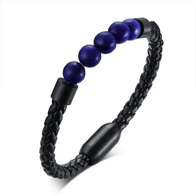 Titāna tērauda vīriešu čakras rotaslietas vairumtirdzniecība nerūsējošā tērauda vīriešu melnas ādas vulkāniskas krelles rokassprādzes akmens ādas aproces