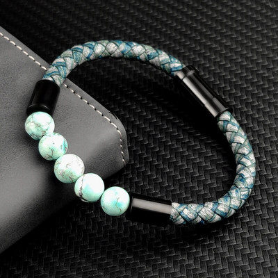 Titāna tērauda vīriešu čakras rotaslietas vairumtirdzniecība nerūsējošā tērauda vīriešu melnas ādas vulkāniskas krelles rokassprādzes akmens ādas aproces