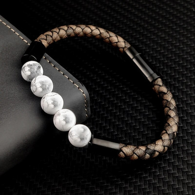 Titāna tērauda vīriešu čakras rotaslietas vairumtirdzniecība nerūsējošā tērauda vīriešu melnas ādas vulkāniskas krelles rokassprādzes akmens ādas aproces