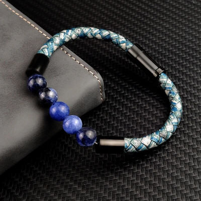 Titāna tērauda vīriešu čakras rotaslietas vairumtirdzniecība nerūsējošā tērauda vīriešu melnas ādas vulkāniskas krelles rokassprādzes akmens ādas aproces