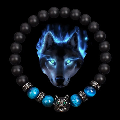 Vilkas žavesio apyrankės Vyrai Natūralūs Juodi Agatai Onikso Akmens Apyrankė Drąsi Blue Tiger Eye Elastinė 8 mm Karoliukai Papuošalai Karoliukai Pulsera