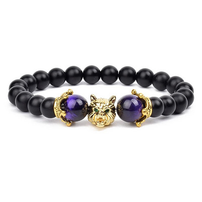 Wolf Charm Βραχιόλια Ανδρικά Φυσικοί Μαύροι Αχάτες Onyx Stone βραχιόλι Brave Blue Tiger Eye Elastic 8 mm Χάντρες Κοσμήματα με χάντρες Pulsera