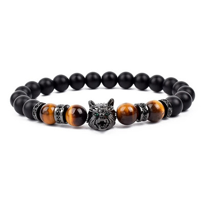 Wolf Charm Βραχιόλια Ανδρικά Φυσικοί Μαύροι Αχάτες Onyx Stone βραχιόλι Brave Blue Tiger Eye Elastic 8 mm Χάντρες Κοσμήματα με χάντρες Pulsera
