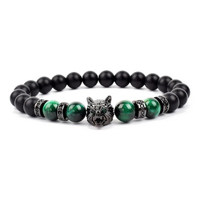 Wolf Charm Βραχιόλια Ανδρικά Φυσικοί Μαύροι Αχάτες Onyx Stone βραχιόλι Brave Blue Tiger Eye Elastic 8 mm Χάντρες Κοσμήματα με χάντρες Pulsera