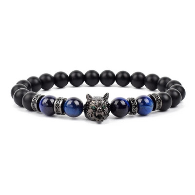 Wolf Charm Βραχιόλια Ανδρικά Φυσικοί Μαύροι Αχάτες Onyx Stone βραχιόλι Brave Blue Tiger Eye Elastic 8 mm Χάντρες Κοσμήματα με χάντρες Pulsera