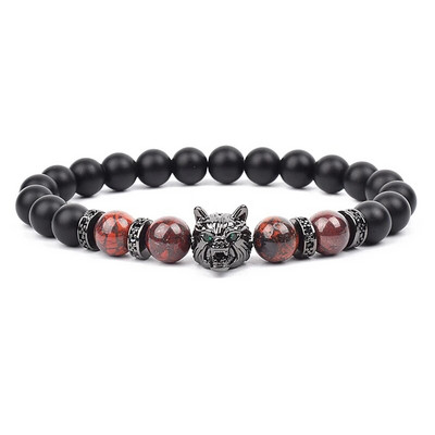 Wolf Charm Βραχιόλια Ανδρικά Φυσικοί Μαύροι Αχάτες Onyx Stone βραχιόλι Brave Blue Tiger Eye Elastic 8 mm Χάντρες Κοσμήματα με χάντρες Pulsera