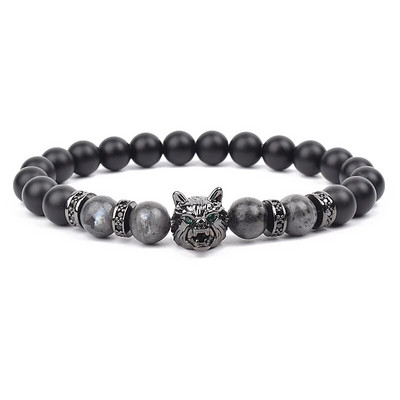 Wolf Charm Βραχιόλια Ανδρικά Φυσικοί Μαύροι Αχάτες Onyx Stone βραχιόλι Brave Blue Tiger Eye Elastic 8 mm Χάντρες Κοσμήματα με χάντρες Pulsera