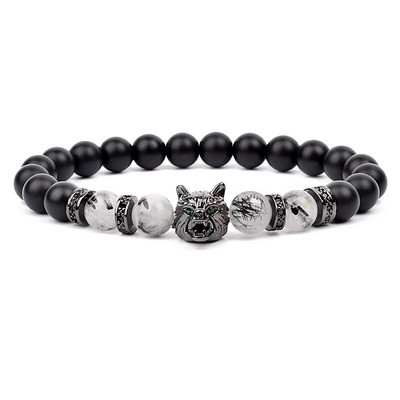 Wolf Charm Βραχιόλια Ανδρικά Φυσικοί Μαύροι Αχάτες Onyx Stone βραχιόλι Brave Blue Tiger Eye Elastic 8 mm Χάντρες Κοσμήματα με χάντρες Pulsera