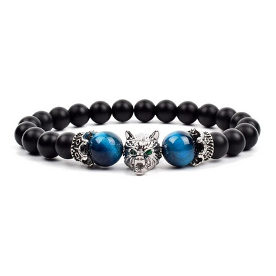 Wolf Charm Βραχιόλια Ανδρικά Φυσικοί Μαύροι Αχάτες Onyx Stone βραχιόλι Brave Blue Tiger Eye Elastic 8 mm Χάντρες Κοσμήματα με χάντρες Pulsera