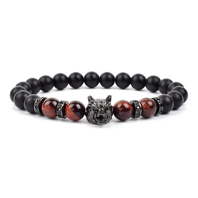 Wolf Charm Βραχιόλια Ανδρικά Φυσικοί Μαύροι Αχάτες Onyx Stone βραχιόλι Brave Blue Tiger Eye Elastic 8 mm Χάντρες Κοσμήματα με χάντρες Pulsera
