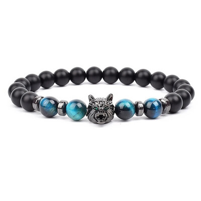 Wolf Charm Βραχιόλια Ανδρικά Φυσικοί Μαύροι Αχάτες Onyx Stone βραχιόλι Brave Blue Tiger Eye Elastic 8 mm Χάντρες Κοσμήματα με χάντρες Pulsera