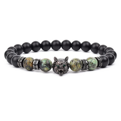 Wolf Charm Βραχιόλια Ανδρικά Φυσικοί Μαύροι Αχάτες Onyx Stone βραχιόλι Brave Blue Tiger Eye Elastic 8 mm Χάντρες Κοσμήματα με χάντρες Pulsera
