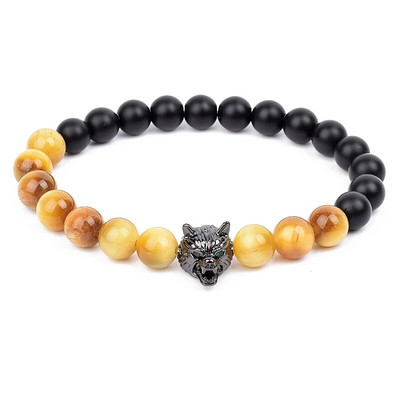 Wolf Charm Βραχιόλια Ανδρικά Φυσικοί Μαύροι Αχάτες Onyx Stone βραχιόλι Brave Blue Tiger Eye Elastic 8 mm Χάντρες Κοσμήματα με χάντρες Pulsera