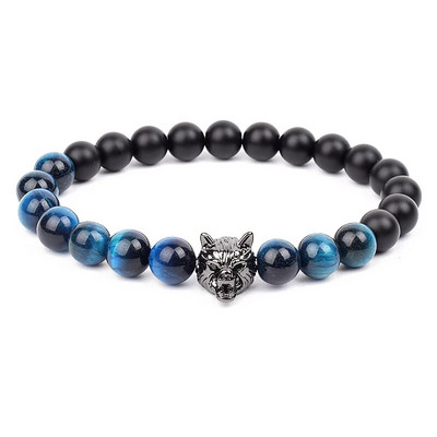 Wolf Charm Βραχιόλια Ανδρικά Φυσικοί Μαύροι Αχάτες Onyx Stone βραχιόλι Brave Blue Tiger Eye Elastic 8 mm Χάντρες Κοσμήματα με χάντρες Pulsera