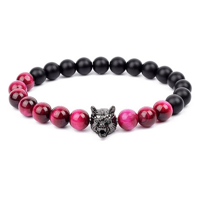 Wolf Charm Βραχιόλια Ανδρικά Φυσικοί Μαύροι Αχάτες Onyx Stone βραχιόλι Brave Blue Tiger Eye Elastic 8 mm Χάντρες Κοσμήματα με χάντρες Pulsera