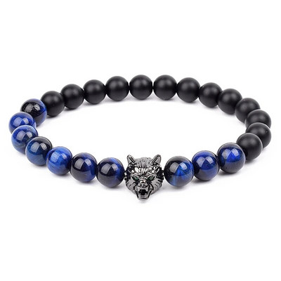 Wolf Charm Βραχιόλια Ανδρικά Φυσικοί Μαύροι Αχάτες Onyx Stone βραχιόλι Brave Blue Tiger Eye Elastic 8 mm Χάντρες Κοσμήματα με χάντρες Pulsera
