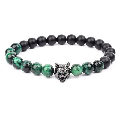 Wolf Charm Βραχιόλια Ανδρικά Φυσικοί Μαύροι Αχάτες Onyx Stone βραχιόλι Brave Blue Tiger Eye Elastic 8 mm Χάντρες Κοσμήματα με χάντρες Pulsera