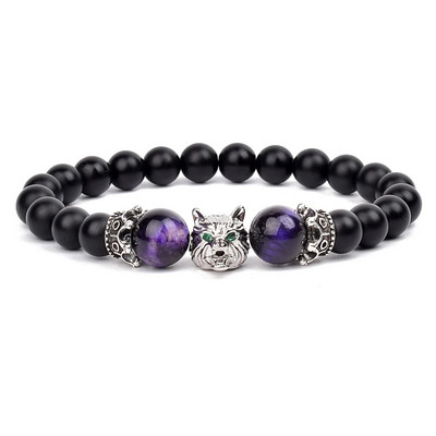 Wolf Charm Βραχιόλια Ανδρικά Φυσικοί Μαύροι Αχάτες Onyx Stone βραχιόλι Brave Blue Tiger Eye Elastic 8 mm Χάντρες Κοσμήματα με χάντρες Pulsera