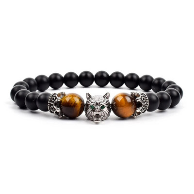 Wolf Charm Βραχιόλια Ανδρικά Φυσικοί Μαύροι Αχάτες Onyx Stone βραχιόλι Brave Blue Tiger Eye Elastic 8 mm Χάντρες Κοσμήματα με χάντρες Pulsera