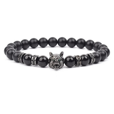 Wolf Charm Βραχιόλια Ανδρικά Φυσικοί Μαύροι Αχάτες Onyx Stone βραχιόλι Brave Blue Tiger Eye Elastic 8 mm Χάντρες Κοσμήματα με χάντρες Pulsera