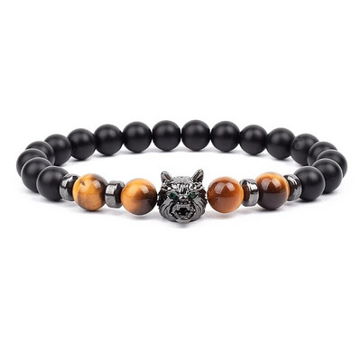 Wolf Charm Βραχιόλια Ανδρικά Φυσικοί Μαύροι Αχάτες Onyx Stone βραχιόλι Brave Blue Tiger Eye Elastic 8 mm Χάντρες Κοσμήματα με χάντρες Pulsera