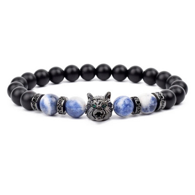 Wolf Charm Βραχιόλια Ανδρικά Φυσικοί Μαύροι Αχάτες Onyx Stone βραχιόλι Brave Blue Tiger Eye Elastic 8 mm Χάντρες Κοσμήματα με χάντρες Pulsera
