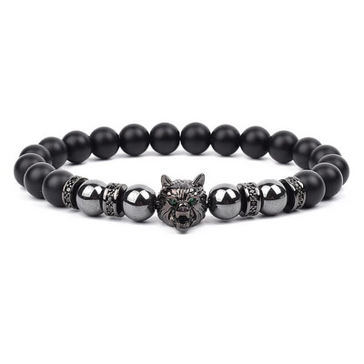 Wolf Charm Βραχιόλια Ανδρικά Φυσικοί Μαύροι Αχάτες Onyx Stone βραχιόλι Brave Blue Tiger Eye Elastic 8 mm Χάντρες Κοσμήματα με χάντρες Pulsera