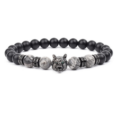 Wolf Charm Βραχιόλια Ανδρικά Φυσικοί Μαύροι Αχάτες Onyx Stone βραχιόλι Brave Blue Tiger Eye Elastic 8 mm Χάντρες Κοσμήματα με χάντρες Pulsera