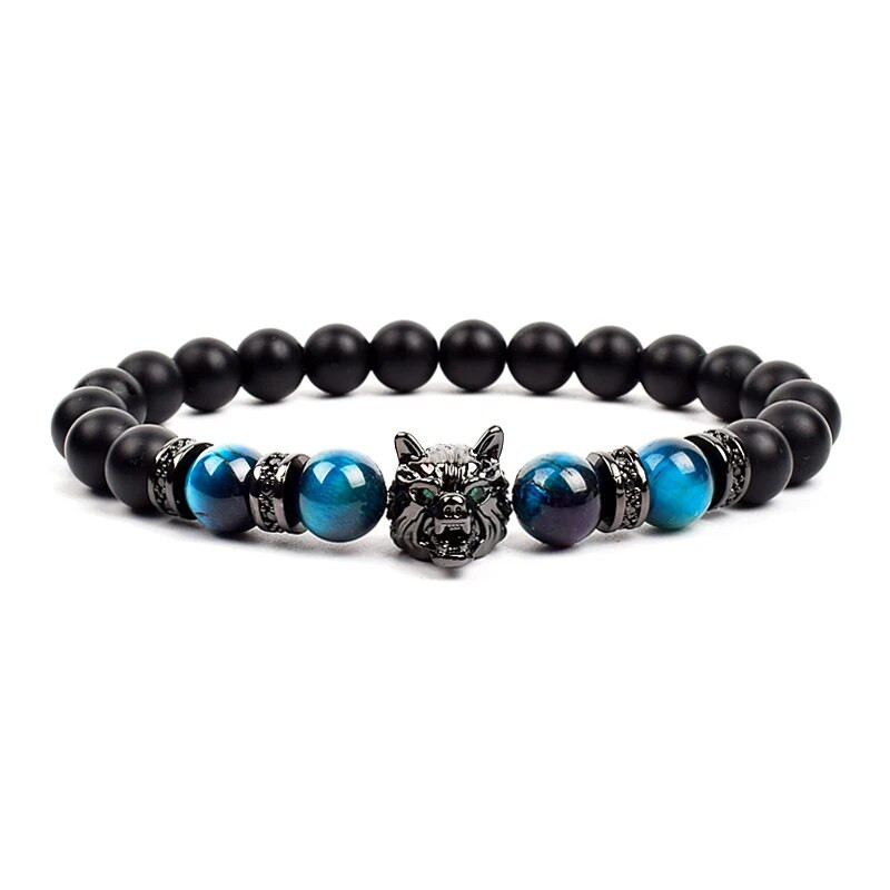 Wolf Charm Βραχιόλια Ανδρικά Φυσικοί Μαύροι Αχάτες Onyx Stone βραχιόλι Brave Blue Tiger Eye Elastic 8 mm Χάντρες Κοσμήματα με χάντρες Pulsera
